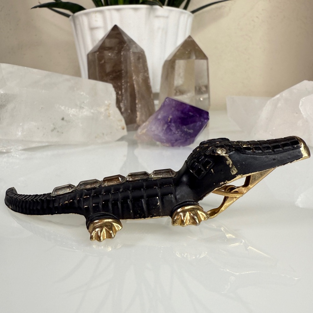 Vintage Gold Tone Metal & Black Alligator / Crocodile Clip - Picture 6 of 15
